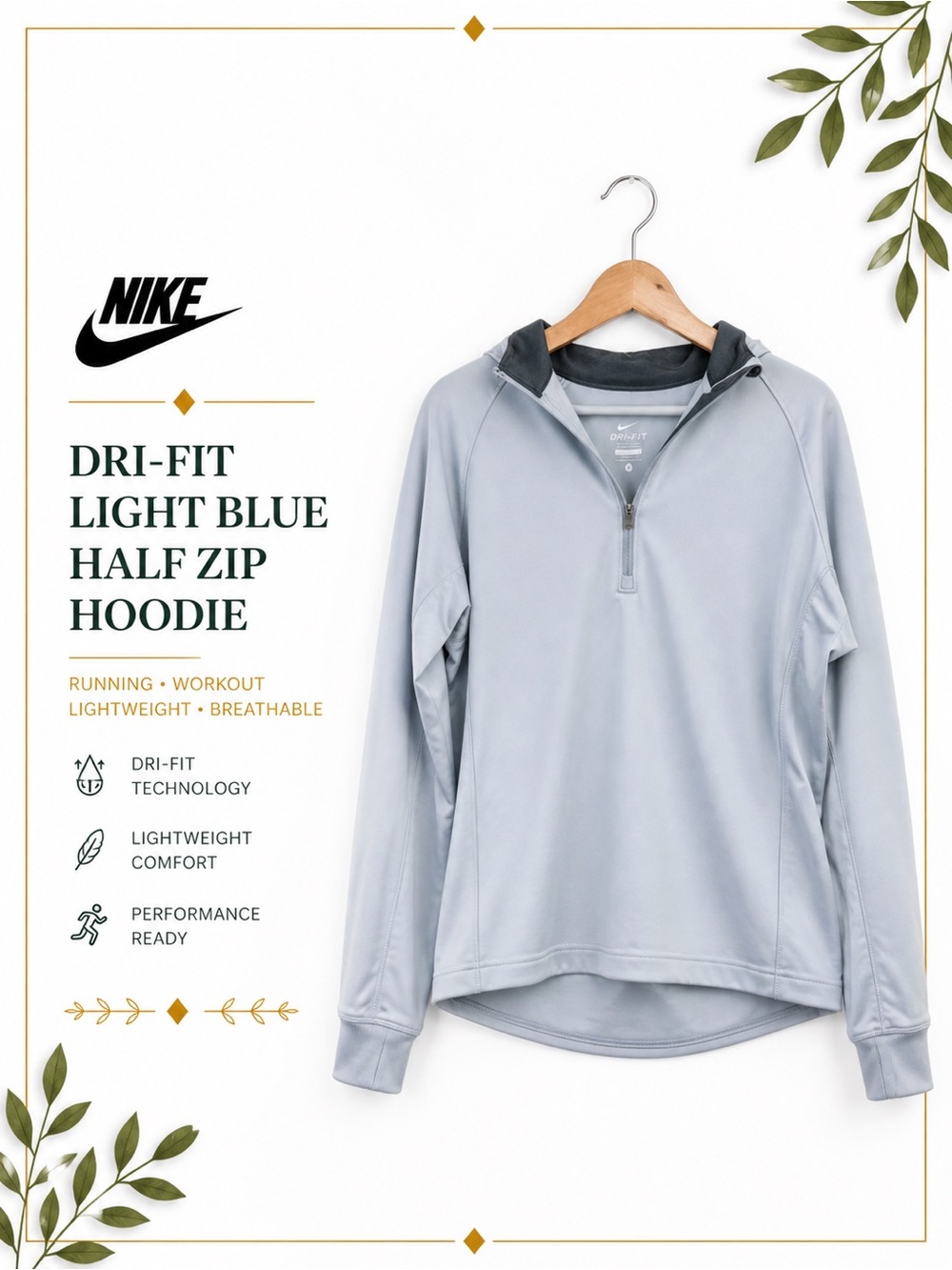 Nike Dri-FIT Light Blue Half Zip Hoodie Pullover Running Workout Size L
